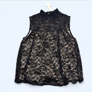 Adiva Black Lace Sleeveless Top with Mock Collar